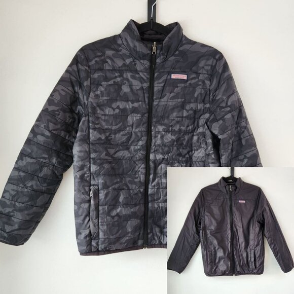 Vineyard Vines Reversible Puffer Jacket Black Grey Camo Hiking Lightweight L 16 - Picture 1 of 10